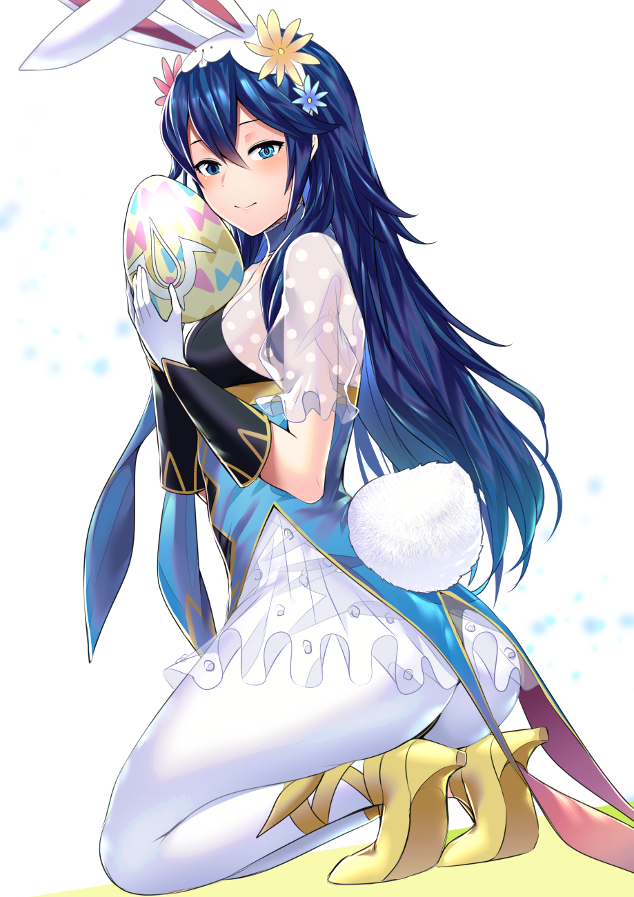 1girl ameno_(a_meno0) animal_ears ass blue_eyes blue_hair blush breasts bunny_tail choker closed_mouth dress egg fake_animal_ears fake_tail fire_emblem fire_emblem_awakening fire_emblem_heroes flower frilled_dress frilled_sleeves frills gloves hair_ornament high_heels highres holding holding_egg legs leotard long_hair looking_at_viewer looking_back lucina_(fire_emblem) pantyhose rabbit_ears small_breasts smile solo squatting symbol-shaped_pupils tail very_long_hair white_gloves white_legwear yellow_footwear