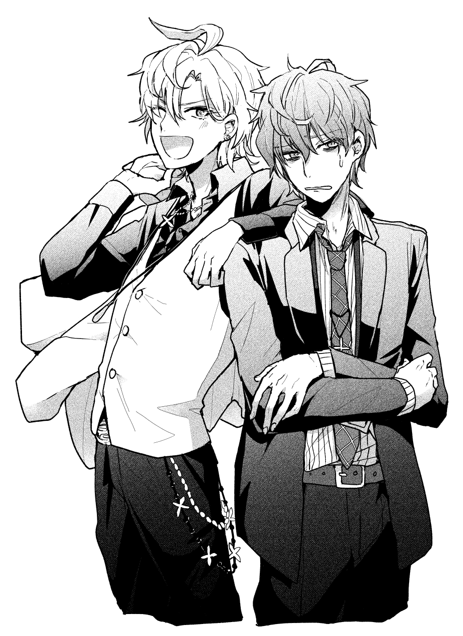 2boys ;d ahoge arm_on_shoulder bags_under_eyes belt black_pants black_suit crossed_arms formal greyscale hair_between_eyes hair_over_one_eye highres hypnosis_mic izanami_hifumi jacket jacket_removed kannonzaka_doppo lanyard looking_at_viewer miyuki_(10_th) monochrome multiple_boys necktie one_eye_closed open_mouth pants short_hair simple_background smile standing suit sweatdrop vest white_background