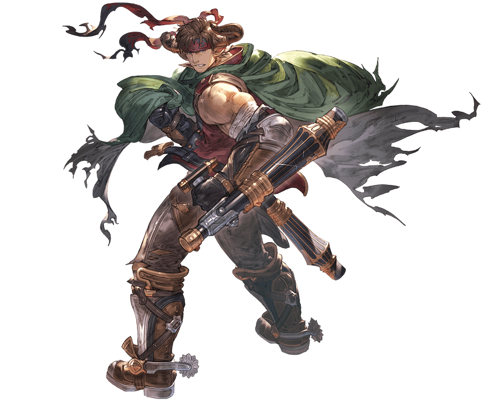 1boy bandages bare_shoulders belt black_gloves blue_eyes boots brown_hair brown_pants cape cow_horns draph full_body gloves granblue_fantasy green_cape headband holding holding_weapon horns jewelry leather leather_boots male_focus minaba_hideo muscular muscular_male necklace official_art pants pointy_ears solo tonfa torn_cape torn_clothes transparent_background vanzza weapon