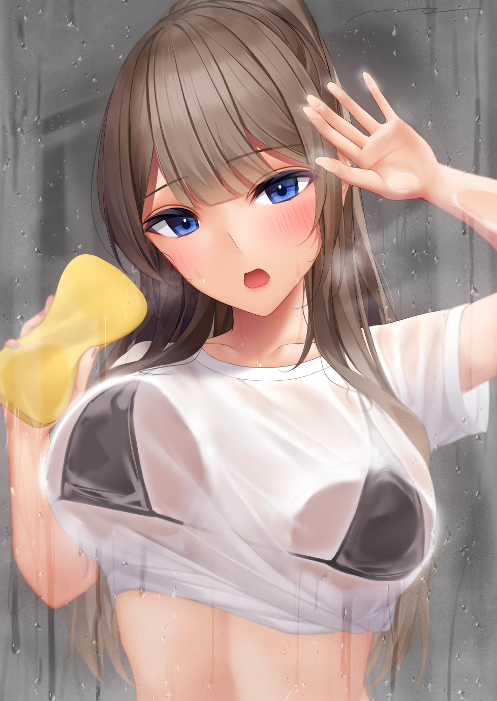 1girl :o against_glass arm_up bangs bikini bikini_under_clothes black_bikini blue_eyes blush breast_press breasts brown_hair commentary_request crop_top eyebrows_visible_through_hair head_tilt highres holding holding_sponge large_breasts long_hair looking_at_viewer mhru mixed-language_commentary open_mouth original ponytail see-through shirt short_sleeves solo sponge swimsuit unaligned_breasts water_drop wet wet_clothes wet_shirt