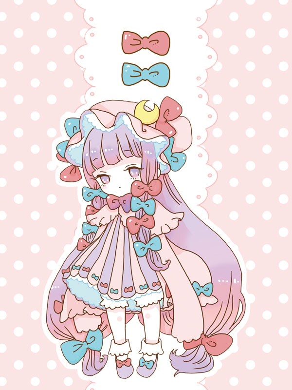 1girl blue_bow blue_ribbon bow chibi chocoice000 crescent crescent_hair_ornament dress frilled_dress frilled_legwear frilled_sleeves frills hair_bow hair_ornament hat hat_ribbon long_hair mob_cap pajamas patchouli_knowledge purple_hair red_bow red_ribbon ribbon striped striped_dress touhou violet_eyes white_legwear witch