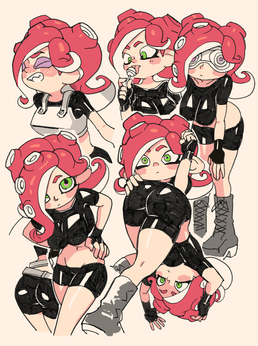 1girl ass black_gloves black_shorts blush boots breasts candy crop_top fingerless_gloves food gloves green_eyes grey_footwear large_breasts lollipop multiple_views octarian octoling redhead shorts simple_background splatoon_(series) suction_cups tan_background tentacle_hair yuta_agc