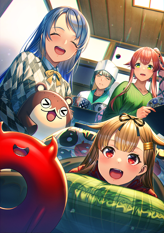 2others 4girls :d abyssal_ship blonde_hair blue_hair blush bokukawauso bowl closed_eyes closed_mouth collarbone enemy_lifebuoy_(kantai_collection) fang green_eyes green_hair green_shirt kantai_collection kotatsu long_hair long_sleeves multiple_girls multiple_others open_mouth pink_hair ponytail red_eyes remodel_(kantai_collection) samidare_(kantai_collection) shirt smile table unowen yura_(kantai_collection) yuubari_(kantai_collection) yuudachi_(kantai_collection)