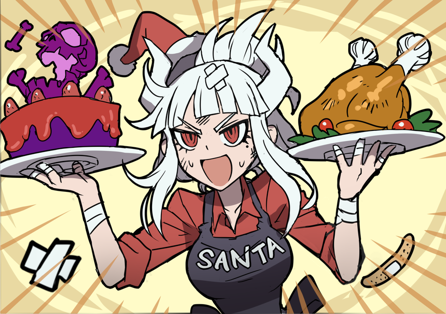 1girl apron bandaged_fingers bandaged_wrist bandages bandaid bone cake chicken_(food) christmas commentary demon_girl demon_horns english_text food fruit hat helltaker holding holding_plate horns injury kyo-hei_(kyouhei) lucifer_(helltaker) mole mole_under_eye motion_lines plate red_shirt santa_hat shirt skeleton_(helltaker) skull solo strawberry sweat white_hair white_horns