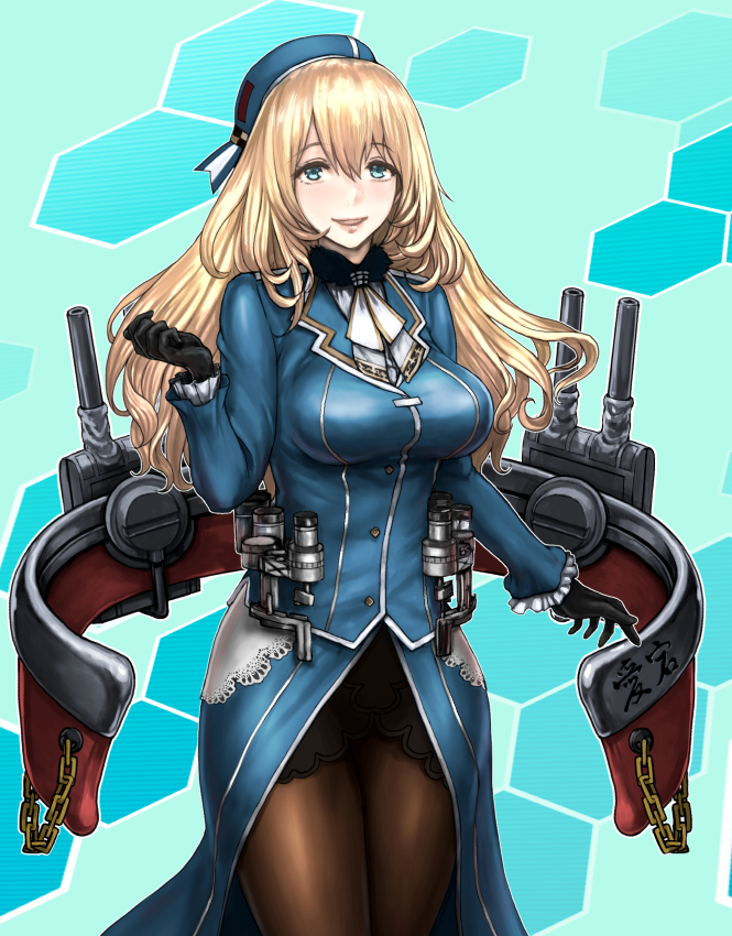 1girl ascot atago_(kantai_collection) beret black_gloves black_legwear blonde_hair blue_background blue_headwear blue_jacket blush breasts burunuu_(bullnukko) cannon cowboy_shot eyebrows_visible_through_hair gloves green_eyes hair_between_eyes hat jacket kantai_collection large_breasts lips long_hair long_sleeves machinery military military_uniform pantyhose rigging skirt smile smokestack thighs turret uniform