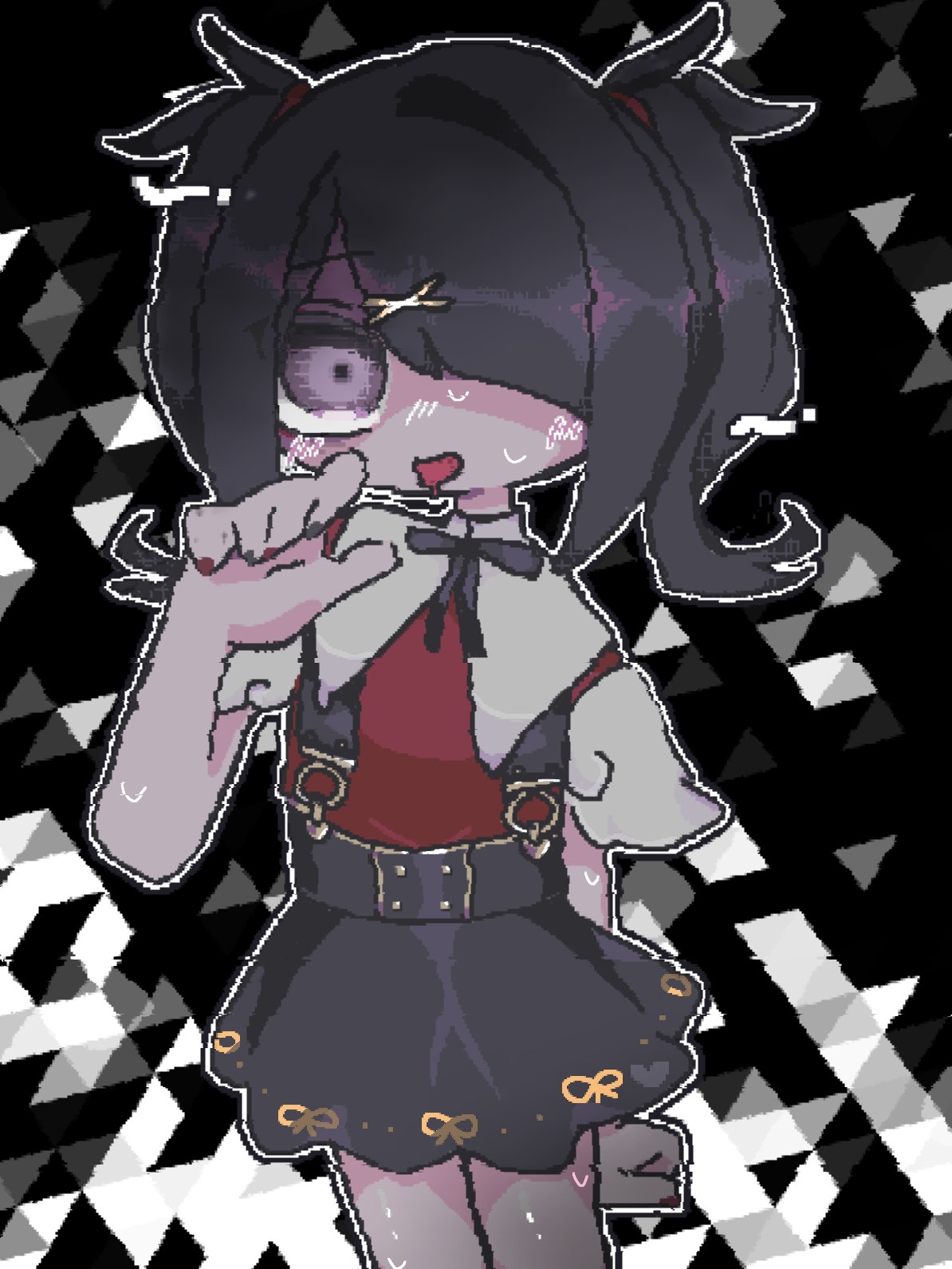 1girl ame-chan_(needy_girl_overdose) black_hair black_ribbon black_skirt collared_shirt commentary_request cowboy_shot hair_ornament hair_over_one_eye hand_up highres jaggy_lines long_hair looking_at_viewer neck_ribbon needy_girl_overdose nemurumi outline red_shirt ribbon shaded_face shirt skirt solo standing suspender_skirt suspenders sweat twintails violet_eyes white_outline x_hair_ornament