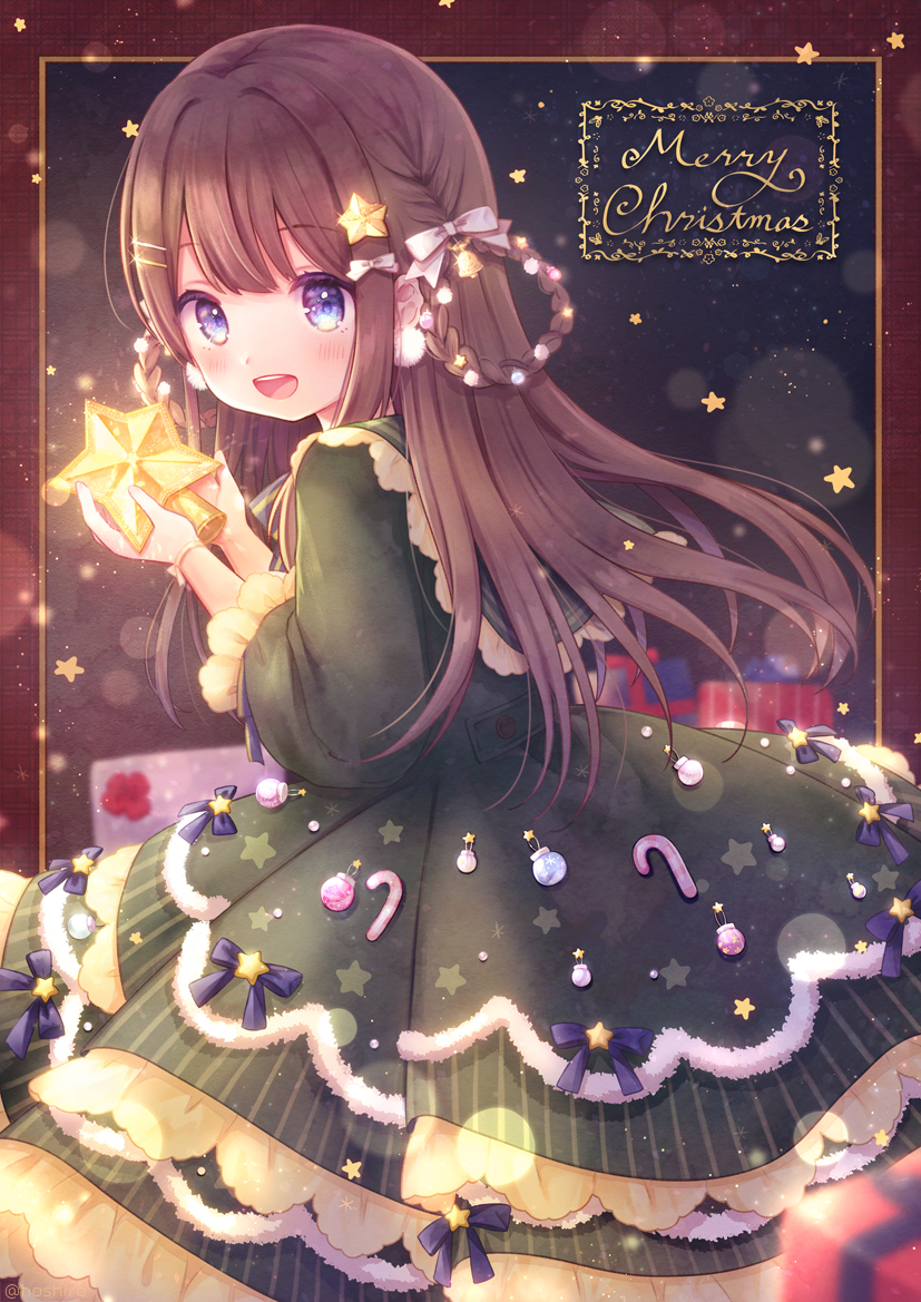 1girl :d bangs blue_eyes blush box braid brown_hair christmas commentary_request dress eyebrows_visible_through_hair fur-trimmed_dress fur_trim gift gift_box glowing green_dress hair_ornament hair_rings hairclip hands_up holding kon_hoshiro long_hair long_sleeves looking_at_viewer looking_to_the_side merry_christmas open_mouth original smile solo star_(symbol) star_hair_ornament twin_braids upper_teeth very_long_hair