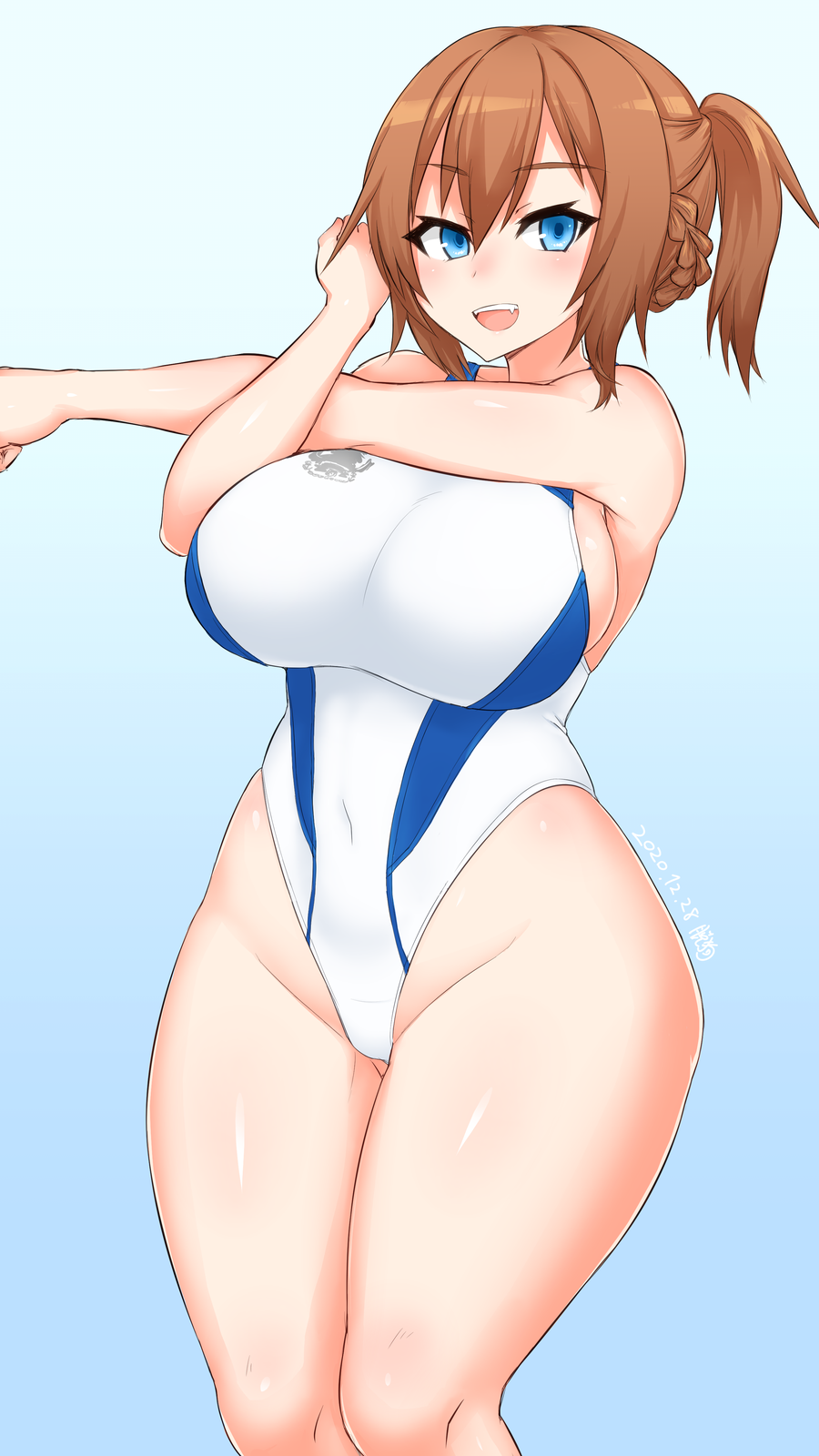 1girl alternate_breast_size alternate_costume ass_visible_through_thighs azur_lane blue_eyes braid breasts brown_hair competition_swimsuit dakku_(ogitsune) dated eyebrows_visible_through_hair hair_between_eyes highleg highres large_breasts long_hair one-piece_swimsuit repulse_(azur_lane) royal_navy solo stretch swimsuit two-tone_swimsuit white_swimsuit