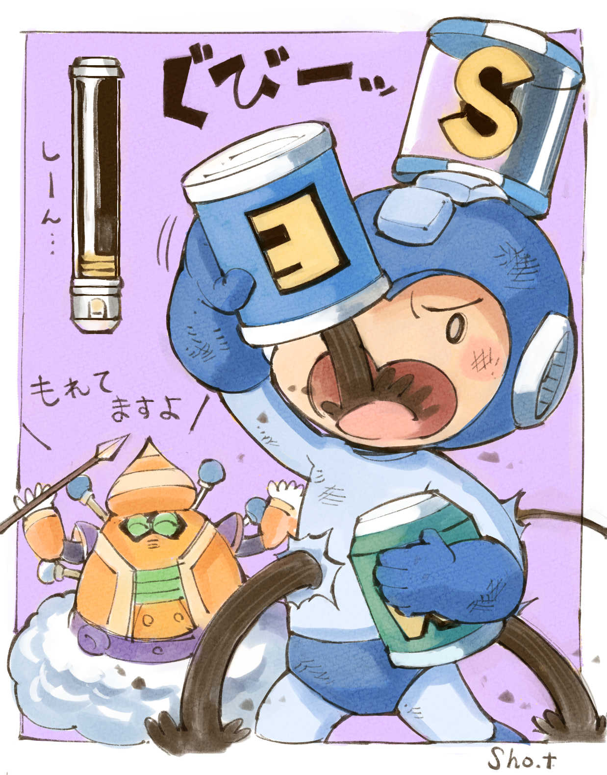 2boys android artist_name blush border cloudman clouds energy_tank helmet highres holding male_focus multiple_boys oil open_mouth purple_background robot rockman rockman_(character) rockman_(classic) rockman_7 sho.t simple_background white_border