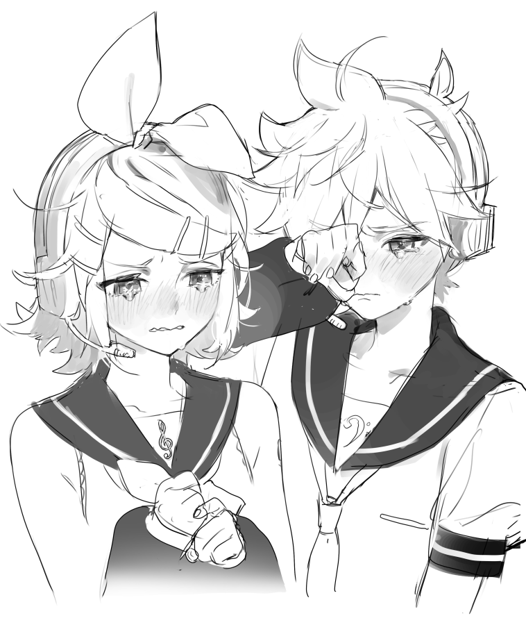 1boy 1girl arm_warmers bangs bare_shoulders bass_clef blush border bow commentary crying crying_with_eyes_open fading_border greyscale hair_bow hair_ornament hairclip half-closed_eyes headphones headset kagamine_len kagamine_rin monochrome naoko_(naonocoto) neckerchief necktie sailor_collar school_uniform shirt short_hair short_ponytail sketch sleeveless sleeveless_shirt spiky_hair swept_bangs tears treble_clef upper_body vocaloid wavy_mouth white_background wiping_tears