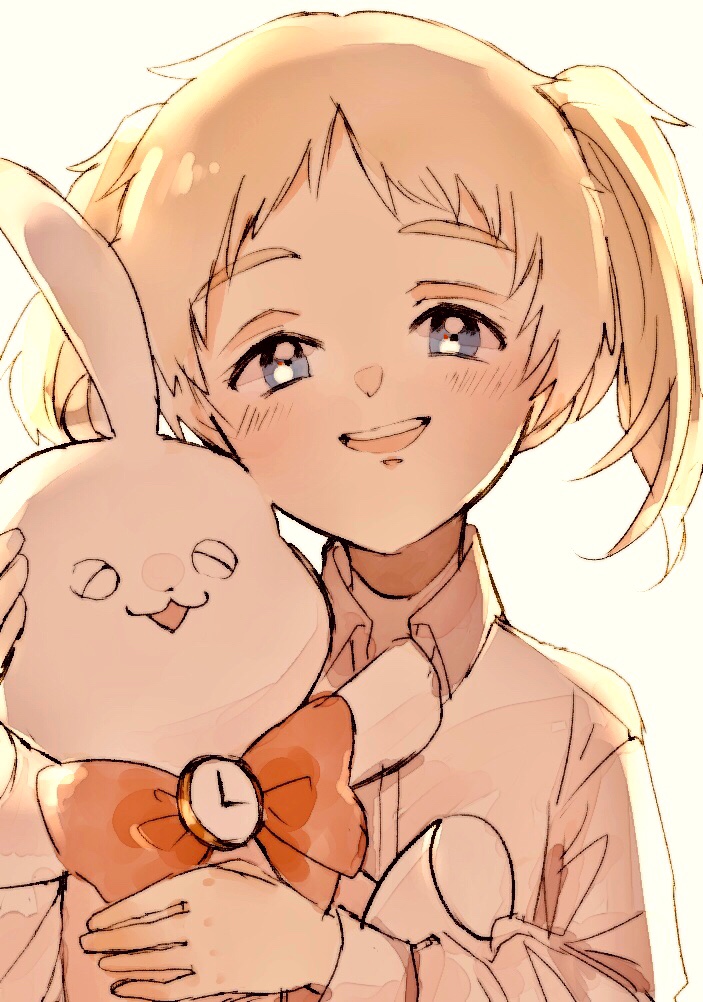 1girl :3 :d blonde_hair blue_eyes blush bow bowtie clock conny_(yakusoku_no_neverland) holding holding_stuffed_toy open_mouth roji_(rozio) shirt short_twintails smile solo stuffed_animal stuffed_bunny stuffed_toy teeth twintails white_shirt yakusoku_no_neverland