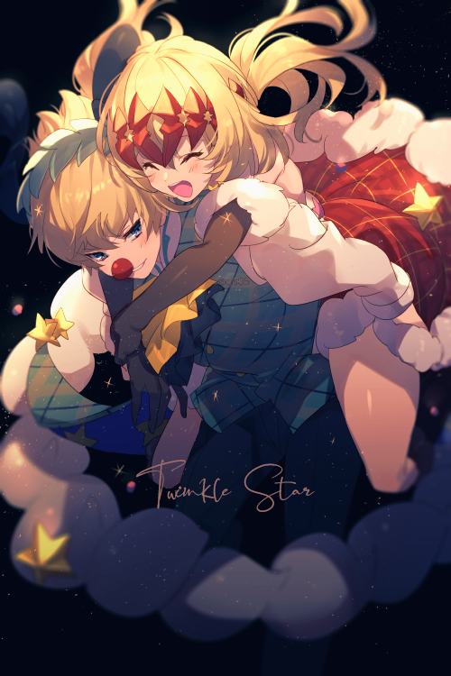 1boy 1girl alternate_costume ascot black_background black_gloves blonde_hair blush brother_and_sister buttons castor_(fate/grand_order) christmas cis05 closed_eyes commentary_request diadem dress elbow_gloves english_text eyebrows_visible_through_hair fate/grand_order fate_(series) fur-trimmed_dress fur-trimmed_gloves fur_trim gloves hair_between_eyes hair_ornament hug hug_from_behind long_hair long_sleeves open_mouth pants parted_lips plaid plaid_dress pollux_(fate/grand_order) red_dress red_nose shirt short_hair siblings simple_background smile star_(symbol) teeth twinkle_star_(fate/grand_order) twins violet_eyes white_shirt