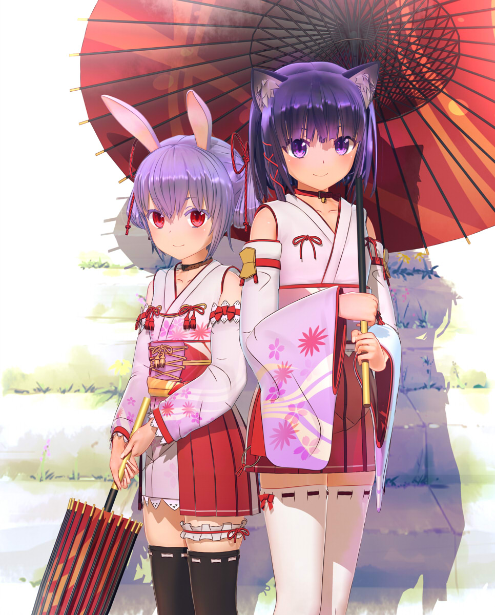 2girls animal_ear_fluff animal_ears bangs black_legwear cat_ears cat_girl cherry_blossom_print collar commentary_request detached_sleeves floral_print hair_between_eyes hair_ornament highres japanese_clothes kakuno leg_garter momiji_(uraniwa_no_tochi_kami-sama) multiple_girls oil-paper_umbrella purple_hair rabbit_ears rabbit_girl ribbon-trimmed_legwear ribbon_trim shiro_(uraniwa_no_tochi_kami-sama) short_hair stairs stone_stairs thigh-highs umbrella uraniwa_no_tochi_kami-sama violet_eyes white_legwear wide_sleeves zettai_ryouiki