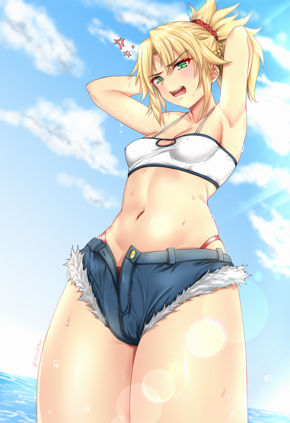1girl anger_vein arms_behind_head bangs blonde_hair blush braid breasts clouds cloudy_sky eyebrows_visible_through_hair fate/apocrypha fate/grand_order fate_(series) flare fur fur-trimmed_shorts fur_trim furrowed_eyebrows green_eyes hair_ornament hair_scrunchie hands_up highres long_hair mordred_(fate) mordred_(fate)_(all) navel open_mouth ponytail red_scrunchie ryudraw scrunchie shorts sky small_breasts solo underwear underwear_peek water