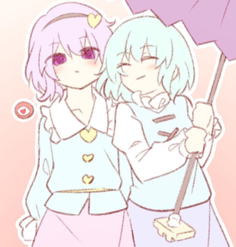 2girls arms_at_sides bangs blouse blue_blouse blue_hair blue_shirt blue_vest blush clenched_hand closed_eyes closed_mouth collar collared_shirt commentary_request frilled_shirt_collar frilled_sleeves frills hairband heart_button heart_hairband holding holding_umbrella juliet_sleeves karashi_chikuwa komeiji_satori light_smile long_sleeves moe multiple_girls pink_background pink_skirt puffy_sleeves purple_hair purple_skirt purple_umbrella ribbon-trimmed_collar ribbon_trim shirt short_hair side-by-side skirt smile standing tatara_kogasa third_eye touhou umbrella vest violet_eyes white_collar white_shirt white_sleeves