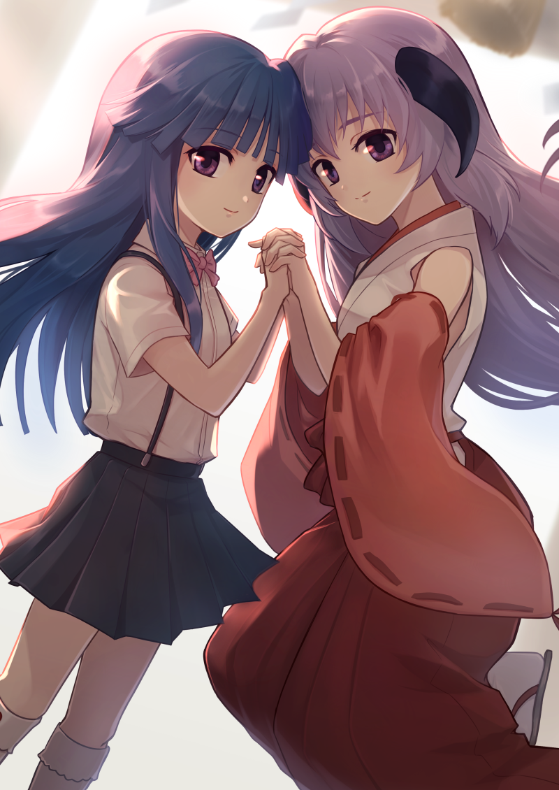 2girls blue_hair closed_mouth collared_shirt detached_sleeves eyebrows_visible_through_hair furude_rika hanyuu higurashi_no_naku_koro_ni holding_hands horns japanese_clothes long_hair long_sleeves miko multiple_girls nayu_(mcpt8738) pants pink_ribbon pleated_skirt purple_hair red_pants red_sleeves ribbon shirt short_sleeves skirt smile socks suspender_skirt suspenders violet_eyes white_legwear white_shirt wide_sleeves