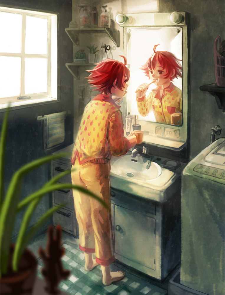 1girl ahoge barefoot bathroom blurry_foreground bottle brushing_teeth cup full_body holding holding_cup holding_toothbrush long_sleeves mame_usagi mirror original pajamas patterned_clothing plant redhead shelf short_hair sink solo standing toothbrush window yellow_pajamas