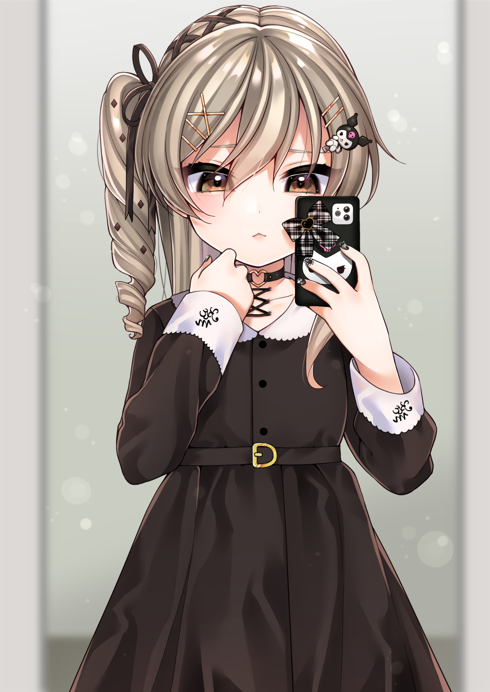 1girl bangs black_choker black_dress black_nails black_ribbon blurry bokeh brown_eyes cellphone choker closed_mouth commentary depth_of_field dress drill_hair eyebrows_visible_through_hair girls_und_panzer hair_ornament hair_ribbon hairclip half-closed_eyes heart heart_choker highres holding holding_phone light_brown_hair light_frown long_sleeves looking_at_viewer nail_polish one_side_up phone ribbon ruruepa self_shot shimada_arisu smartphone solo standing x_hair_ornament