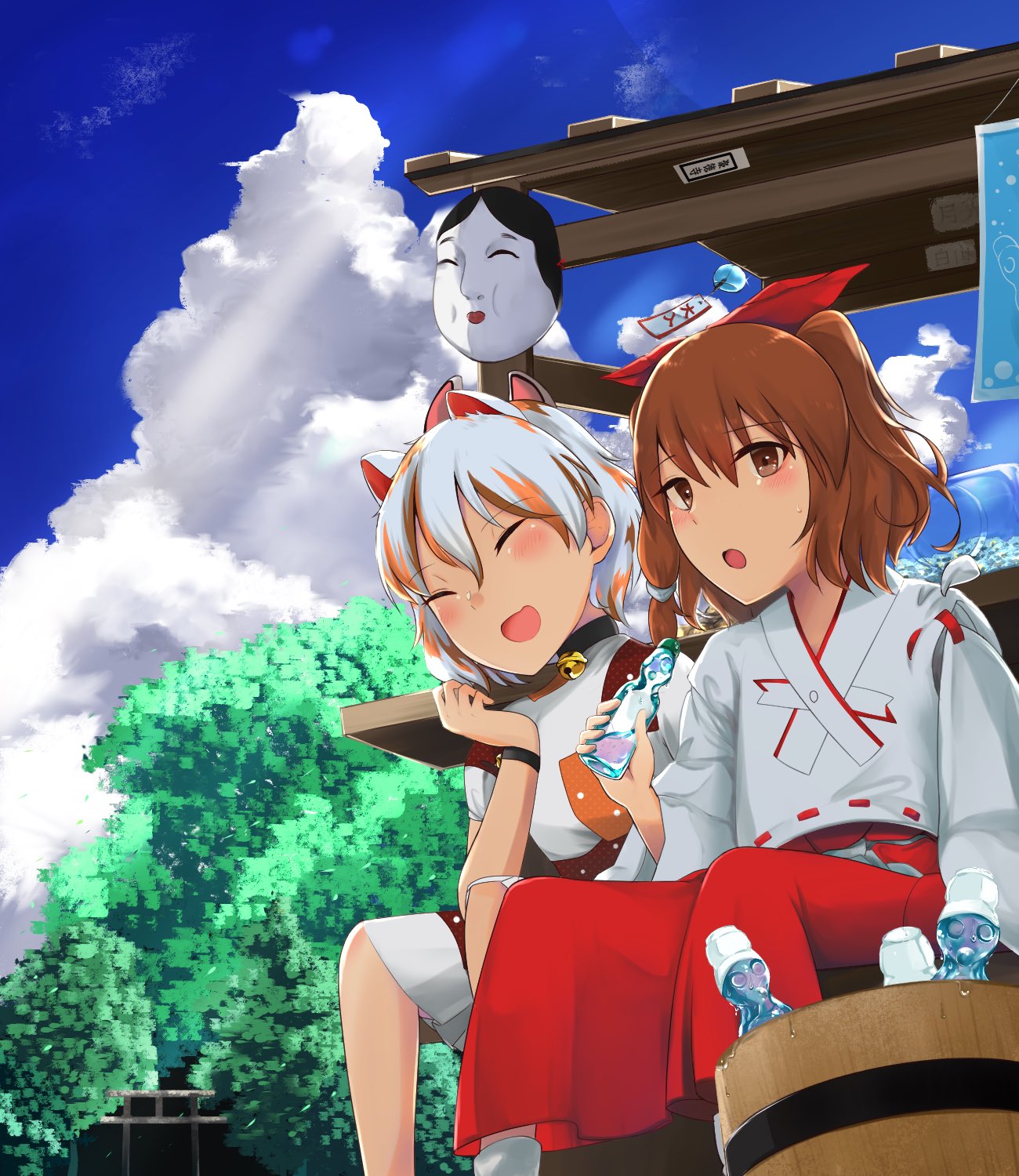 2girls animal_ears bangs bell blonde_shrine_maiden_from_a_future_era_(touhou) blush bottle bow bucket calico cat_ears cat_girl closed_eyes clouds cloudy_sky day detached_sleeves goutokuji_mike hair_bow hakama hakama_skirt highres holding holding_bottle japanese_clothes jingle_bell kimono long_skirt long_sleeves maneki-neko mask medium_skirt miko multicolored_hair multiple_girls open_mouth orange_eyes orange_hair outdoors patches portrait_of_exotic_girls red_bow red_hakama ribbon-trimmed_clothes ribbon_trim short_hair sitting skirt sky streaked_hair touhou water_bottle white_hair white_kimono white_legwear white_sleeves yata_zetta