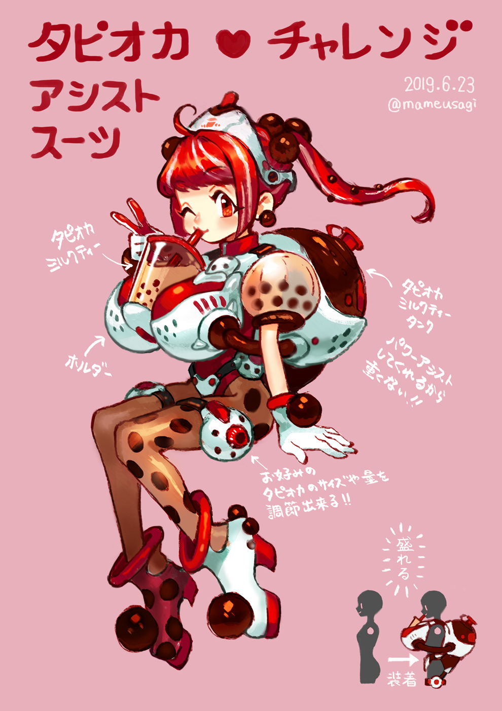 1girl bangs bubble_tea bubble_tea_challenge dated eyebrows_visible_through_hair gloves heart highres invisible_chair long_hair mame_usagi one_eye_closed original pink_background red_eyes redhead sidelocks sitting solo translation_request twintails v white_gloves