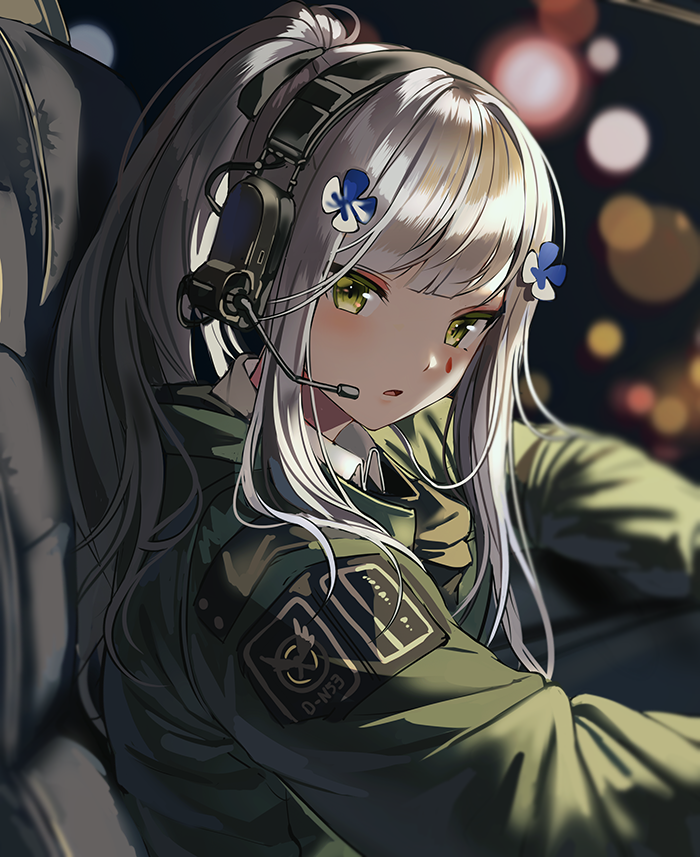 1girl agent_416_(girls_frontline) bangs car_interior driving facial_mark girls_frontline green_eyes green_jacket hair_ornament headphones headset hk416_(girls_frontline) jacket long_hair long_sleeves ponytail sidelocks silence_girl silver_hair solo teardrop tom_clancy's_the_division upper_body