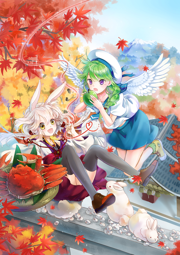 1girl :d :o angel_wings animal_ears architecture autumn autumn_leaves braid brown_footwear bunny_tail copyright_request crab day east_asian_architecture eating feathered_wings food fruit green_hair grey_legwear long_hair looking_at_viewer mole mole_under_eye mountain open_mouth outdoors rabbit rabbit_ears roji_ouo shoes skirt smile sneakers tail tree violet_eyes white_headwear wide_sleeves wings yellow_eyes yellow_footwear