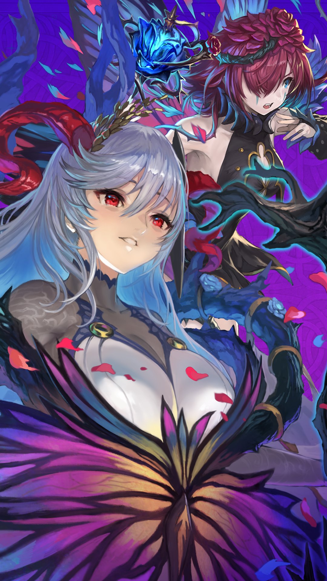 2girls bangs black_sleeves blue_eyes breasts cleavage_cutout clothing_cutout detached_sleeves facial_mark fire_emblem fire_emblem_heroes flower freyja_(fire_emblem) hair_between_eyes hair_flower hair_ornament hair_over_one_eye highres horns long_sleeves medium_breasts multiple_girls open_mouth red_eyes red_flower redhead shiny shiny_hair short_hair silver_hair triandra_(fire_emblem) yoshiku_(oden-usagi)