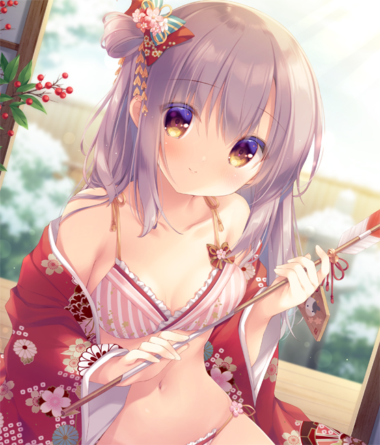 1girl arrow_(projectile) bangs bell berries blurry blurry_background blush bra breasts brown_eyes brown_hair closed_mouth commentary_request depth_of_field ema eyebrows_visible_through_hair floral_print frilled_bra frilled_panties frills hair_between_eyes hair_bun hamaya holding holding_arrow japanese_clothes jingle_bell kimono long_hair long_sleeves looking_at_viewer medium_breasts navel off_shoulder open_clothes open_kimono original panties print_kimono red_kimono side_bun smile solo striped underwear vertical-striped_bra vertical_stripes wide_sleeves yukie_(peach_candy)