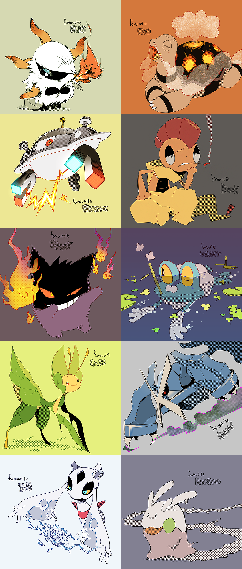 :d closed_eyes closed_mouth commentary creature denbaa electricity english_commentary english_text fire floating froakie froslass gen_1_pokemon gen_3_pokemon gen_4_pokemon gen_5_pokemon gen_6_pokemon gengar goomy highres larvesta leavanny lily_pad lying magnezone metagross no_humans on_stomach one_eye_closed open_mouth partially_submerged pokemon pokemon_(creature) pokemon_(game) pokemon_xy smile smoke swimming torkoal water