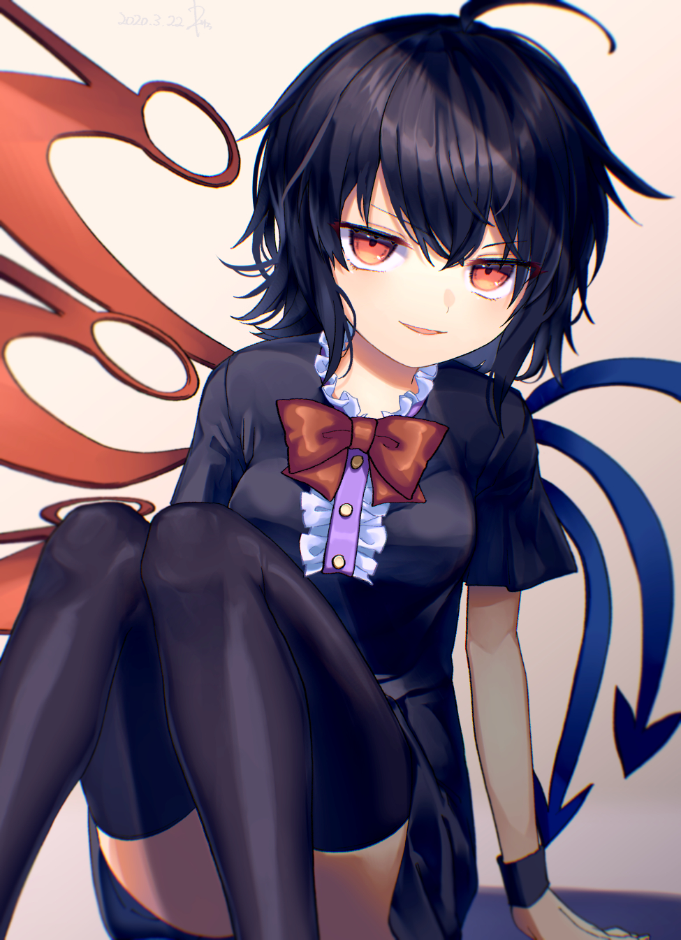 1girl :d asymmetrical_wings black_dress black_legwear black_wristband bow bowtie breasts center_frills convenient_leg curious curly_hair dress frilled_dress frills hair_between_eyes head_tilt highres houjuu_nue kisamu_(ksmz) knees_together_feet_apart knees_up legs looking_at_viewer medium_breasts medium_hair open_mouth parted_lips red_bow red_eyes short_sleeves sitting smile smug solo thigh-highs touhou upskirt wings