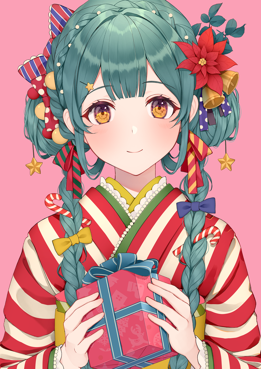 1girl blue_bow bow braid candy candy_cane christmas closed_mouth eyebrows_visible_through_hair flower food gift green_hair hair_bow hair_flower hair_ornament highres holding holding_gift japanese_clothes kimono original pink_background red_flower smile solo star_(symbol) star_hair_ornament striped striped_bow striped_kimono twin_braids usamochi. yellow_bow yellow_eyes