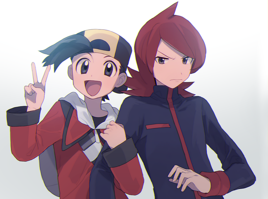 2boys :d arm_hug backwards_hat baseball_cap black_eyes black_hair closed_mouth ethan_(pokemon) grey_eyes hat jacket long_sleeves looking_at_viewer male_focus medium_hair multiple_boys open_mouth oshi_taberu pokemon pokemon_(game) pokemon_hgss red_jacket redhead silver_(pokemon) smile tongue v v-shaped_eyebrows