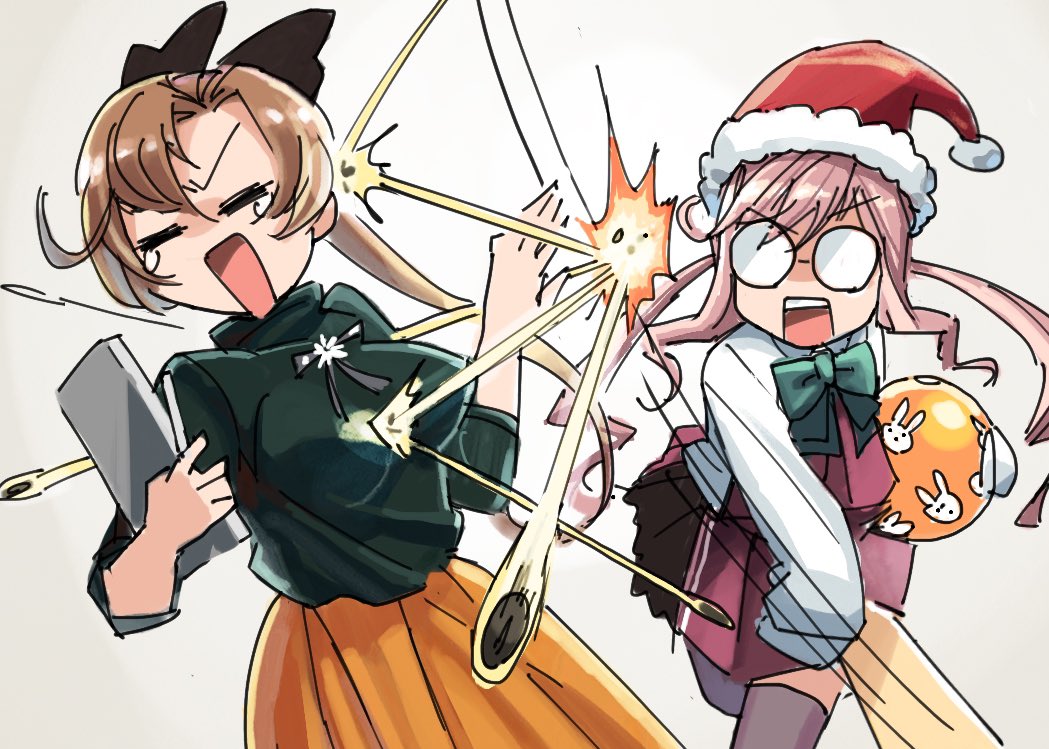 2girls akigumo_(kantai_collection) ball bow bowtie brown_hair closed_eyes commentary_request double_bun glasses green_sweater hair_ribbon halterneck kantai_collection long_hair long_sleeves makigumo_(kantai_collection) mizuki_kyou multiple_girls official_alternate_costume opaque_glasses pink_hair ponytail remodel_(kantai_collection) ribbon shirt sleeves_past_fingers sleeves_past_wrists sweater tears thigh-highs throwing twintails white_shirt