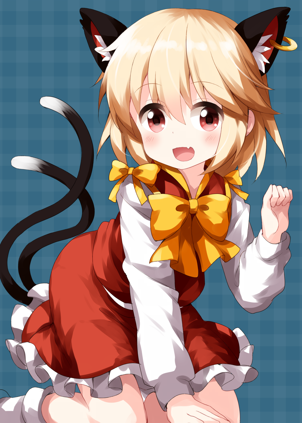 1girl animal_ear_fluff animal_ears bangs black_tail blonde_hair bow bowtie cat_ears cat_tail chen chen_(cosplay) clenched_hand collarbone cosplay eyebrows_visible_through_hair fang hair_between_eyes hand_on_ground highres jewelry long_sleeves looking_at_viewer medium_hair multiple_tails open_mouth plaid plaid_background red_eyes rumia ruu_(tksymkw) seiza single_earring sitting skin_fang smile solo tail touhou two_tails white_legwear yellow_bow yellow_neckwear