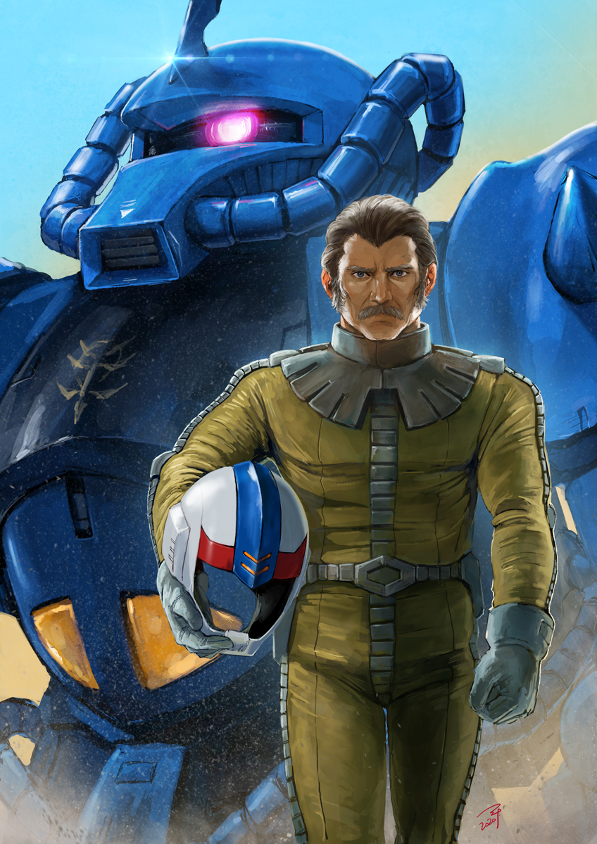 1boy brown_eyes clenched_hand facial_hair glowing glowing_eye gouf gundam helmet highres holding holding_helmet horns ippei_soeda looking_at_viewer male_focus mecha mobile_suit_gundam mustache one-eyed pilot_suit pink_eyes ramba_ral science_fiction single_horn walking zeon