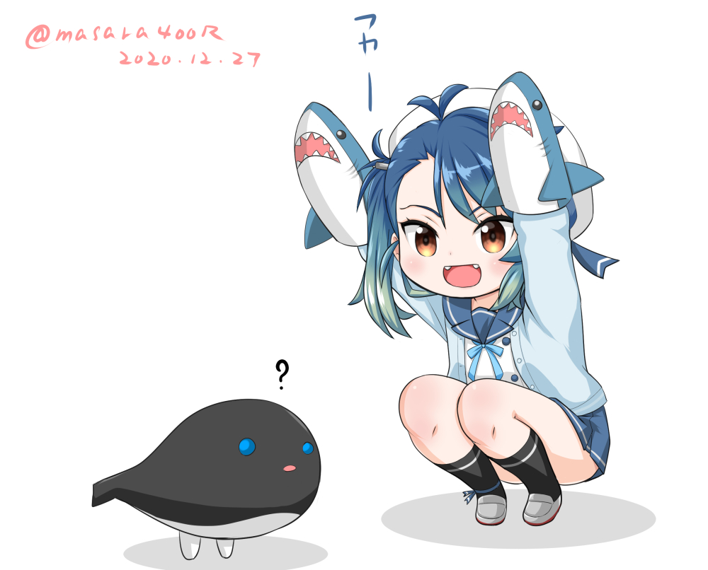 1girl black_legwear blue_cardigan blue_hair blue_neckwear blue_sailor_collar blue_skirt brown_eyes cardigan commentary_request fangs fukae_(kantai_collection) gradient_hair hand_puppet hat i-class_destroyer kantai_collection kneehighs masara_(chuujou) multicolored_hair neckerchief pleated_skirt puppet sailor_collar sailor_hat school_uniform serafuku shark short_hair side_ponytail sidelocks simple_background skirt white_background white_headwear