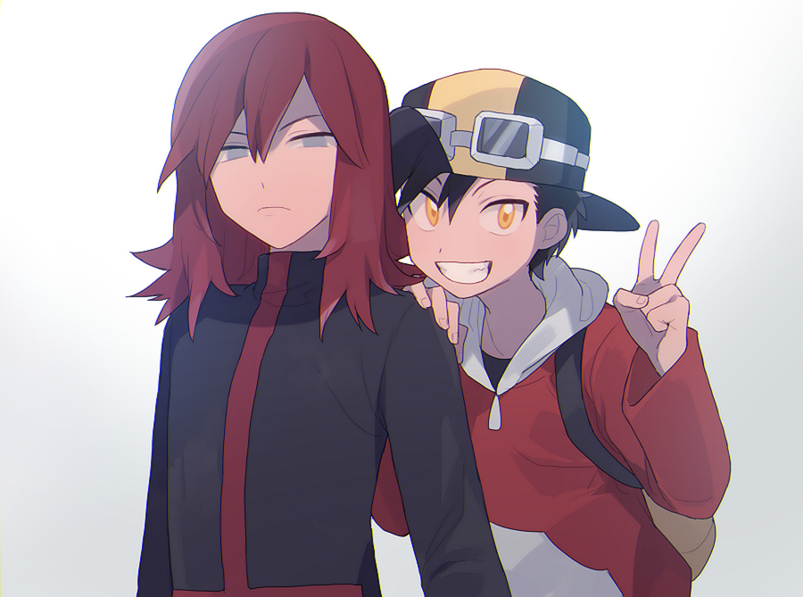 2boys backwards_hat bangs baseball_cap black_hair black_shirt clenched_teeth closed_mouth ethan_(pokemon) goggles goggles_on_headwear grey_eyes hair_between_eyes hand_on_another's_shoulder hat long_sleeves looking_at_viewer male_focus multiple_boys orange_eyes oshi_taberu pokemon pokemon_adventures redhead shirt silver_(pokemon) smile teeth v