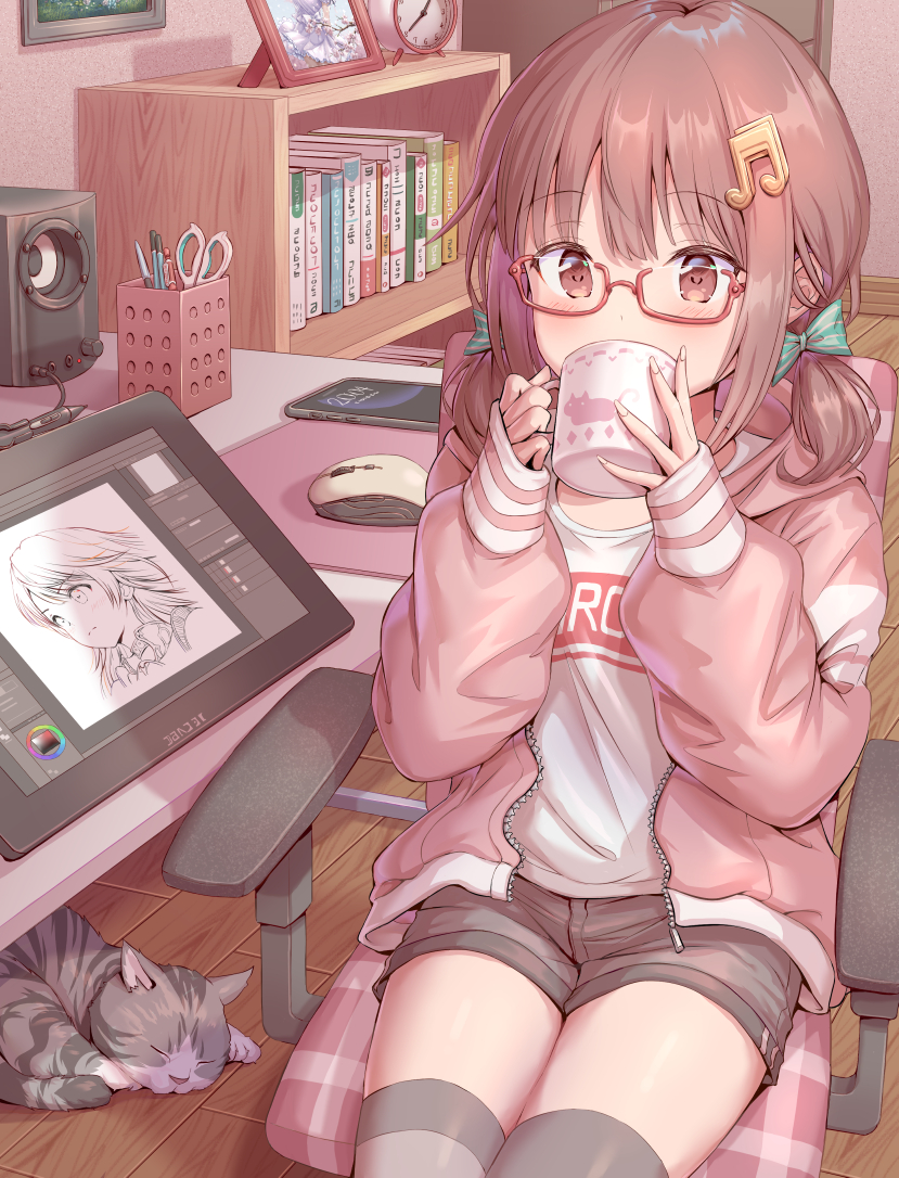 1girl book bookshelf brown_eyes brown_hair chair cup desk drawing_tablet glasses grey_legwear grey_shorts hair_ornament hirokazu_(analysis-depth) holding holding_cup indoors jacket long_sleeves loungewear mouse_(computer) mug musical_note_hair_ornament open_clothes open_jacket original pink_jacket short_twintails shorts sipping sitting sleeves_past_wrists socks solo twintails