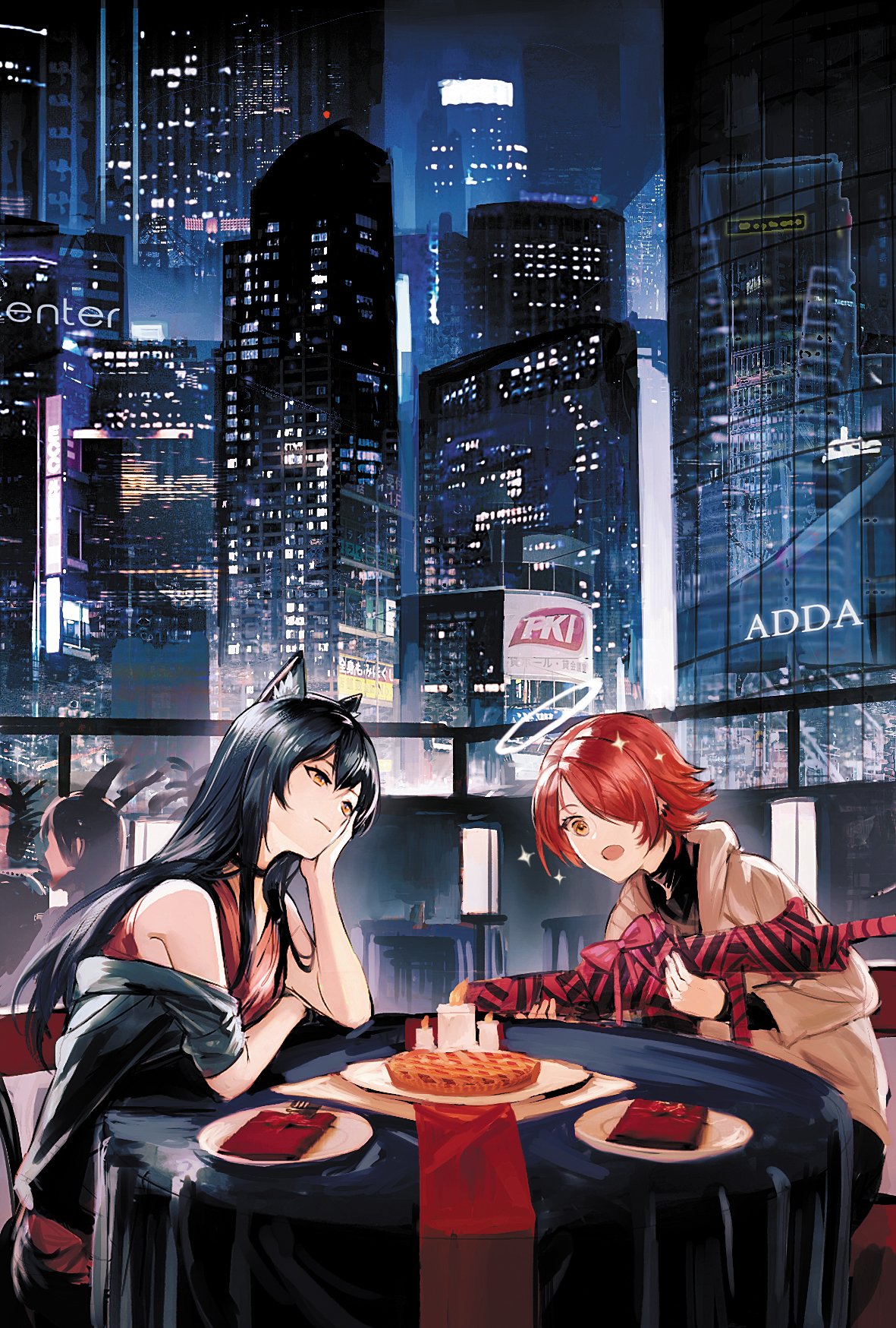 2girls animal_ears arknights black_hair black_jacket bow building candle cityscape commentary dress ear_piercing english_commentary excited exusiai_(arknights) food gift hair_over_one_eye halo highres holding holding_gift indoors jacket kupikuuu long_hair looking_at_another multiple_girls night off_shoulder open_mouth pie piercing plate red_bow red_dress redhead restaurant short_hair sitting skyscraper sparkle texas_(arknights) wolf_ears yellow_eyes