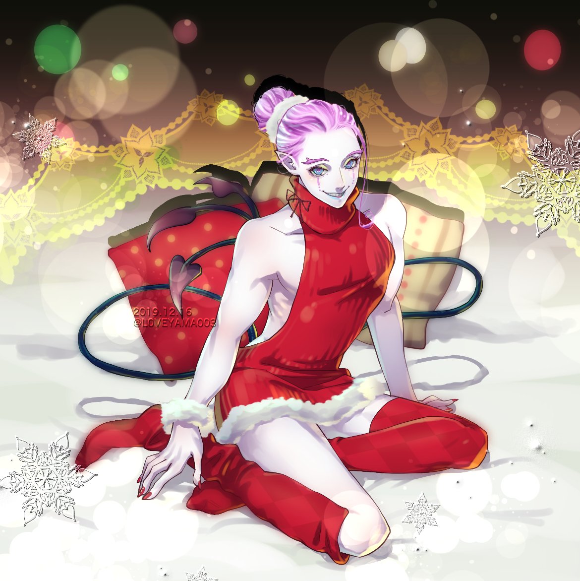 1boy alternate_costume alternate_hairstyle artist_name bed bedroom blue_eyes blue_lipstick boots christmas collarbone colored_skin curly_hair dated demon_tail fate/grand_order fate_(series) grin hair_bun lace_trim light_particles lipstick loveyama makeup male_focus medium_hair meme_attire mephistopheles_(fate/grand_order) multicolored multicolored_eyes multiple_tails no_hat no_headwear pillow pointy_ears purple_hair red_footwear red_nails red_sweater scrunchie smile snowflake_print solo sweater tail teardrop thick_eyebrows thighs violet_eyes virgin_killer_sweater white_skin wide_hips wrist_scrunchie