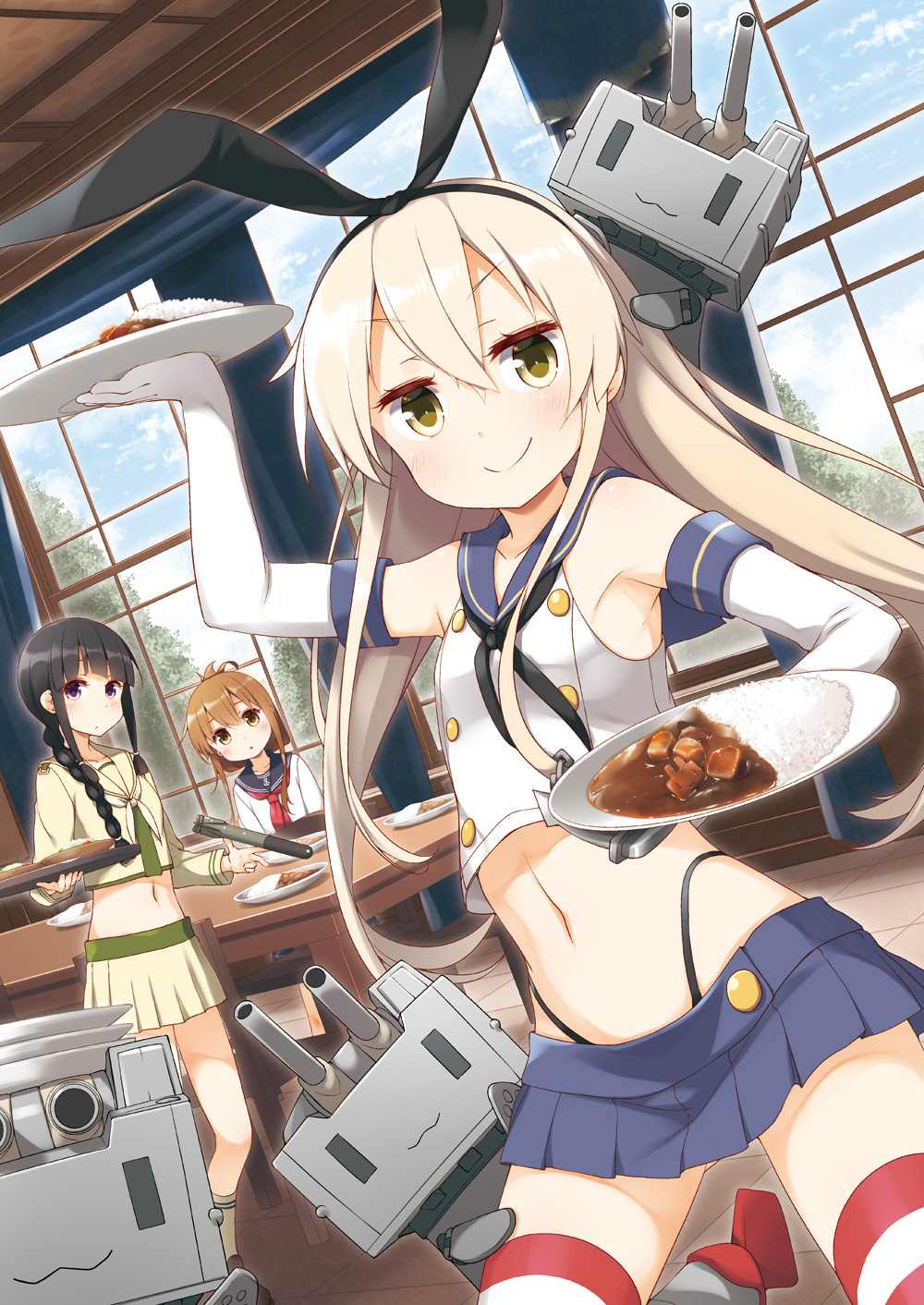 &gt;_&lt; 3girls :3 anchor anchor_symbol armpits bangs black_hair black_hairband black_neckwear black_panties black_sailor_collar blonde_hair blue_sailor_collar blue_skirt blush braid brown_eyes brown_hair closed_mouth collarbone commentary_request crop_top curry curry_rice elbow_gloves eyebrows_visible_through_hair folded_ponytail food gloves hair_between_eyes hair_ornament hairband highleg highleg_panties highres holding holding_plate inazuma_(kantai_collection) kantai_collection kitakami_(kantai_collection) long_hair looking_at_viewer microskirt midriff miniskirt multiple_girls navel neckerchief panties plate pleated_skirt red_neckwear remodel_(kantai_collection) rensouhou-chan ribbon rice sailor_collar school_uniform serafuku shimakaze_(kantai_collection) sidelocks single_braid skirt sleeveless smile striped striped_legwear thigh-highs torpedo underwear violet_eyes white_gloves white_neckwear window yellow_eyes yellow_sailor_collar yume_no_owari