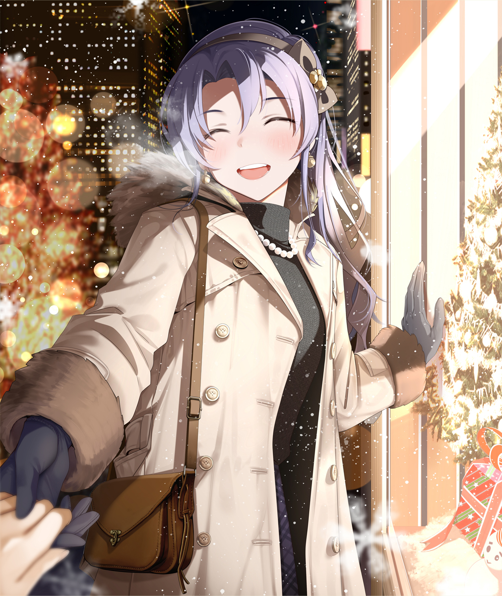 1girl :d bag bangs beige_coat black_bow black_gloves black_sweater blue_hair blue_skirt blush bow breath building christmas christmas_lights christmas_ornaments christmas_tree city city_lights closed_eyes coat earrings eyebrows_visible_through_hair fed_(giba) fur-trimmed_coat fur_trim gift gloves hair_between_eyes hairband handbag highres idolmaster idolmaster_million_live! jewelry light_particles long_sleeves necklace night open_mouth outdoors outstretched_hand parted_bangs pearl_necklace red_bow sidelocks skirt smile snowflakes snowing snowman storefront sweater takayama_sayoko turtleneck turtleneck_sweater upper_teeth window_shopping