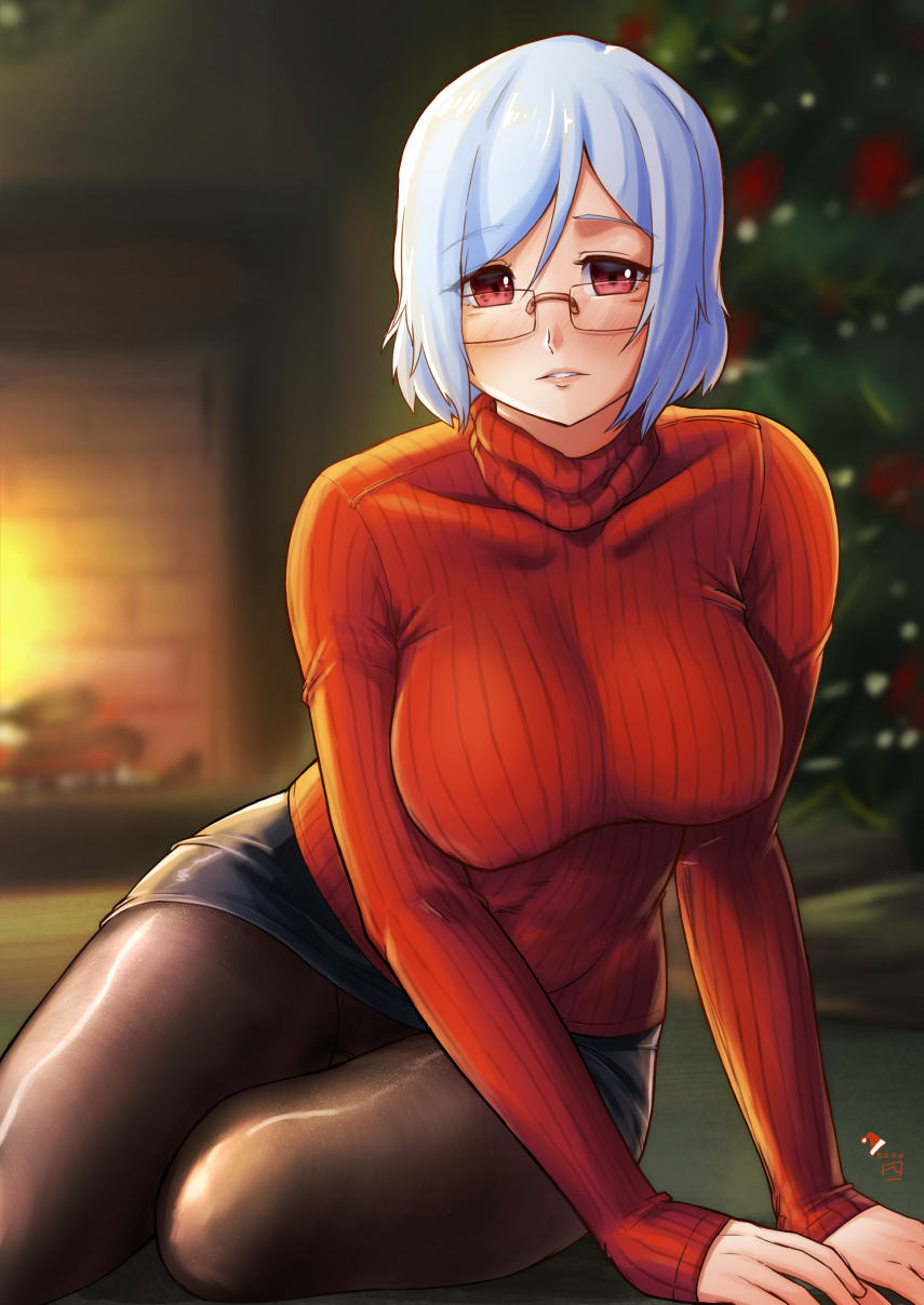 1girl black_skirt breasts brown_legwear christmas christmas_tree commentary_request covered_nipples curvy finalcake glasses highres indoors large_breasts legs_together looking_at_viewer miniskirt on_ground original pantyhose pencil_skirt red_eyes red_sweater ribbed_sweater rimless_eyewear short_hair sitting skirt sleeves_past_wrists solo sweater turtleneck turtleneck_sweater white_hair