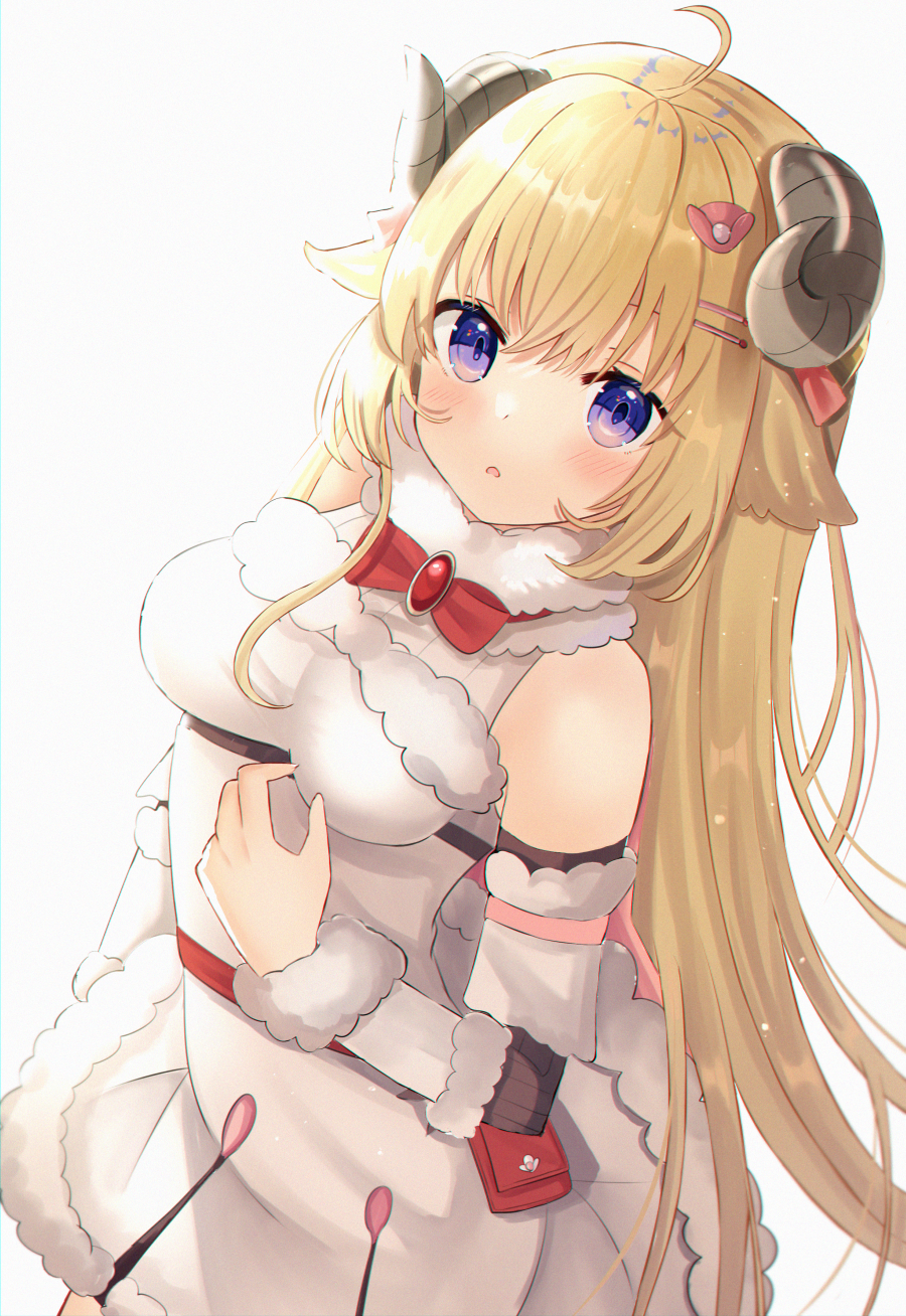 1girl :o ahoge bangs belt_pouch blonde_hair blue_eyes blush bow bowtie breasts curled_horns detached_sleeves dress fur-trimmed_dress fur-trimmed_sleeves fur_trim hair_ornament hairclip hand_on_own_chest highres hololive horns leaning_to_the_side long_hair looking_at_viewer medium_breasts nibosi pouch red_neckwear sheep_girl sheep_horns simple_background solo standing tsunomaki_watame upper_body very_long_hair virtual_youtuber white_background white_dress