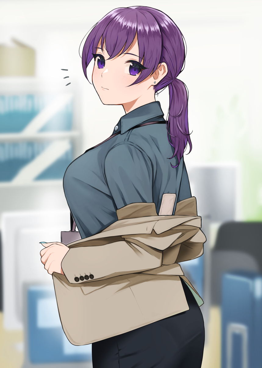 1girl black_skirt blue_shirt blurry blurry_background closed_mouth collared_shirt desk doushimasho highres indoors jacket long_hair long_sleeves looking_at_viewer office office_lady original pencil_skirt ponytail purple_hair shelf shirt skirt solo standing surprised violet_eyes