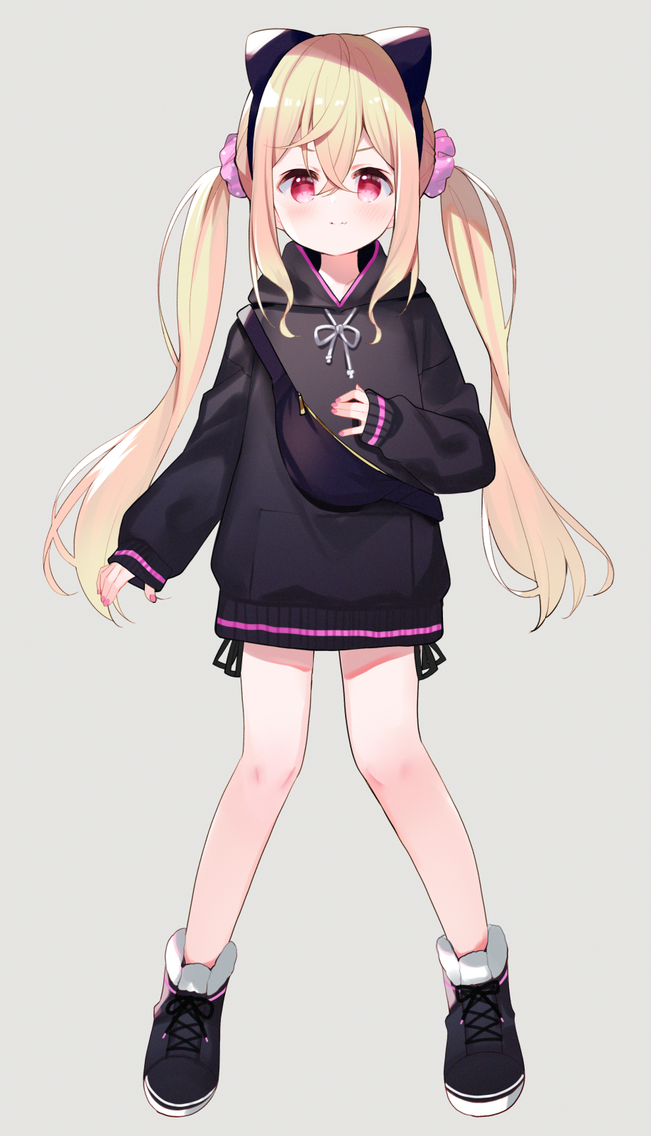 &gt;:) 1girl animal_ears bangs black_footwear black_hoodie blonde_hair cat_ears closed_mouth drawstring eyebrows_behind_hair fanny_pack full_body grey_background hair_between_eyes hair_ornament hair_scrunchie highres hood hood_down hoodie long_hair long_sleeves looking_at_viewer meito_(maze) nail_polish original pink_nails pink_scrunchie polka_dot polka_dot_scrunchie red_eyes scrunchie shoes simple_background sleeves_past_wrists smile solo standing twintails v-shaped_eyebrows very_long_hair