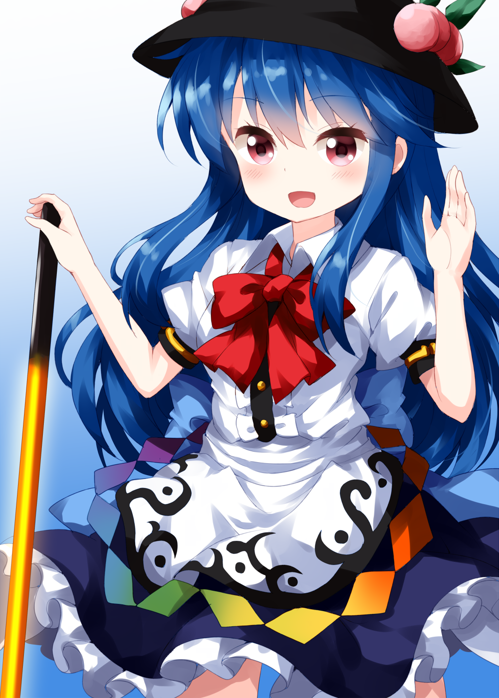 1girl bangs black_headwear blue_background blue_hair blue_skirt bow bowtie buttons center_frills collared_shirt cowboy_shot eyebrows_visible_through_hair food frilled_skirt frills fruit gradient gradient_background hair_between_eyes hand_up highres hinanawi_tenshi holding holding_sword holding_weapon leaf long_hair looking_at_viewer open_mouth peach rainbow_order red_bow red_eyes red_neckwear ruu_(tksymkw) shirt short_sleeves skirt smile solo standing sword sword_of_hisou touhou weapon white_shirt