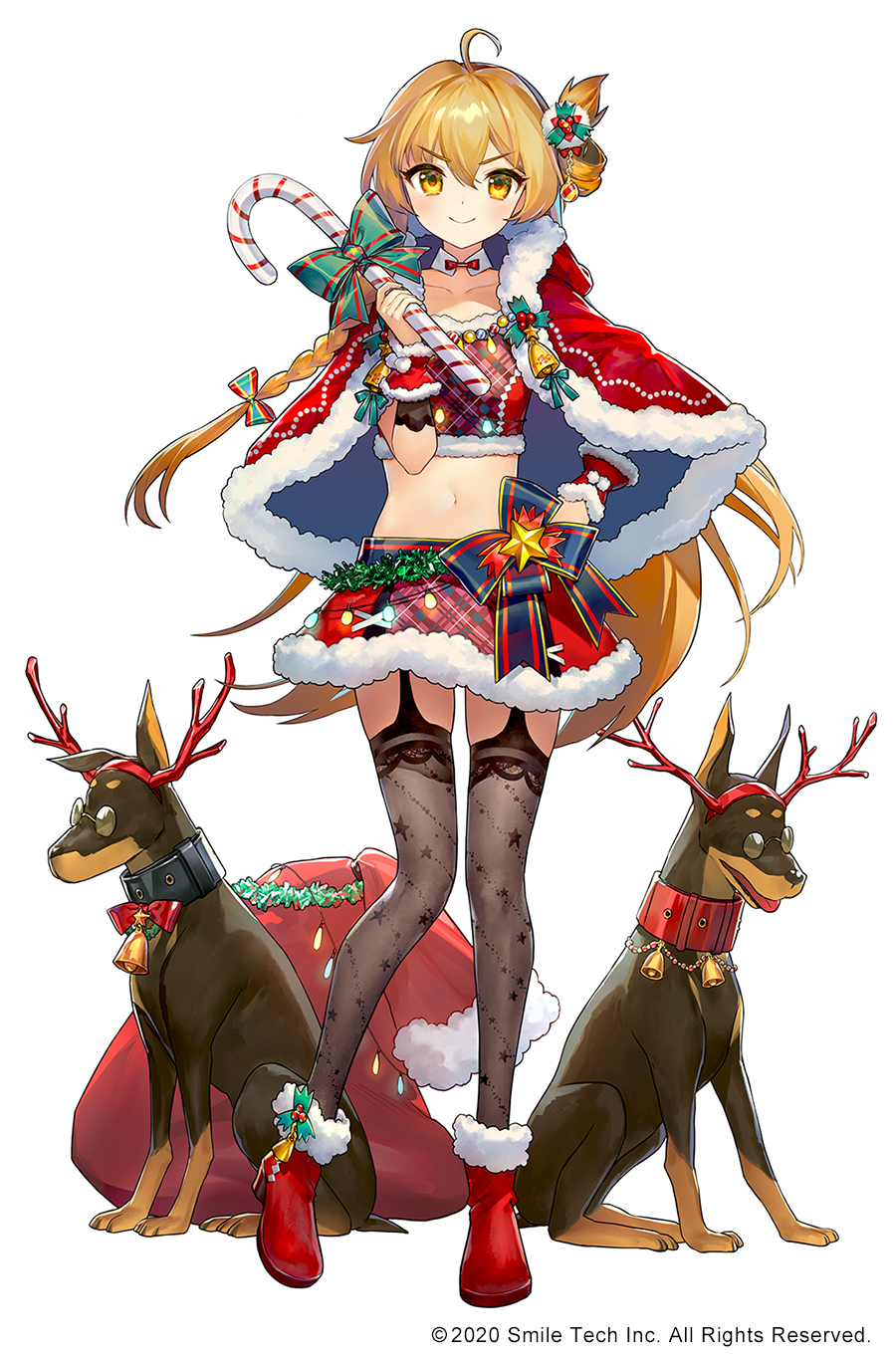 1girl ahoge ainy animal antlers blonde_hair boots candy candy_cane capelet chiba_karin christmas closed_mouth collarbone crop_top detached_collar dog food full_body fur_trim garter_straps grey_legwear hand_on_hip highres holding long_hair looking_at_viewer mahjong_hime midriff miniskirt navel official_art one_side_up red_footwear red_shirt red_skirt reindeer_antlers rottweiler sack shirt simple_background skirt smile solo standing stomach thigh-highs v-shaped_eyebrows very_long_hair white_background wrist_cuffs yellow_eyes zettai_ryouiki