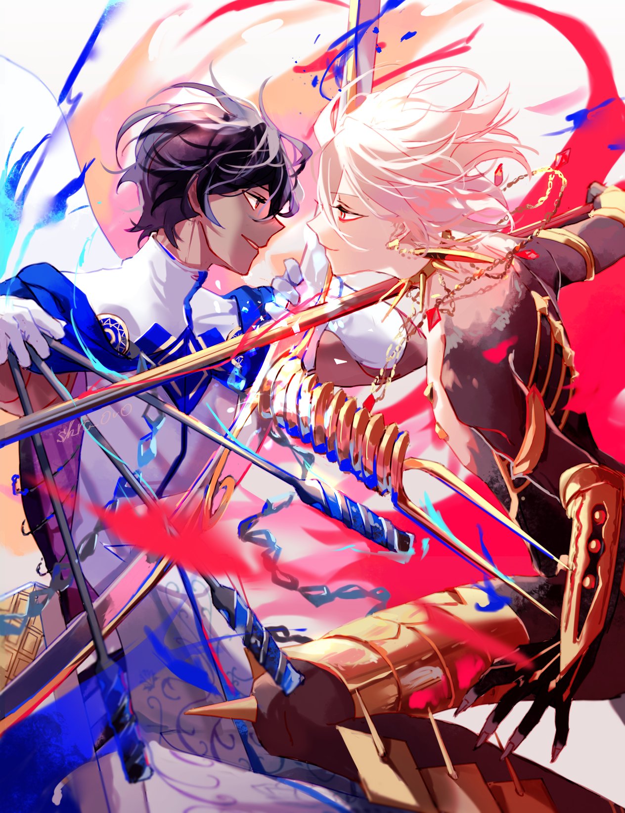 2boys arjuna_(fate/grand_order) arrow_(projectile) bangs black_bodysuit black_eyes black_gloves black_hair bodysuit bow_(weapon) cowboy_shot dark_skin dark_skinned_male earrings eye_contact fate/grand_order fate_(series) gloves highres holding holding_arrow holding_bow_(weapon) holding_polearm holding_weapon jewelry karna_(fate) leg_armor looking_at_another male_focus multiple_boys open_mouth pale_skin polearm profile sakuramochi1003 short_hair short_sleeves simple_background smile weapon white_background white_gloves white_hair white_robe
