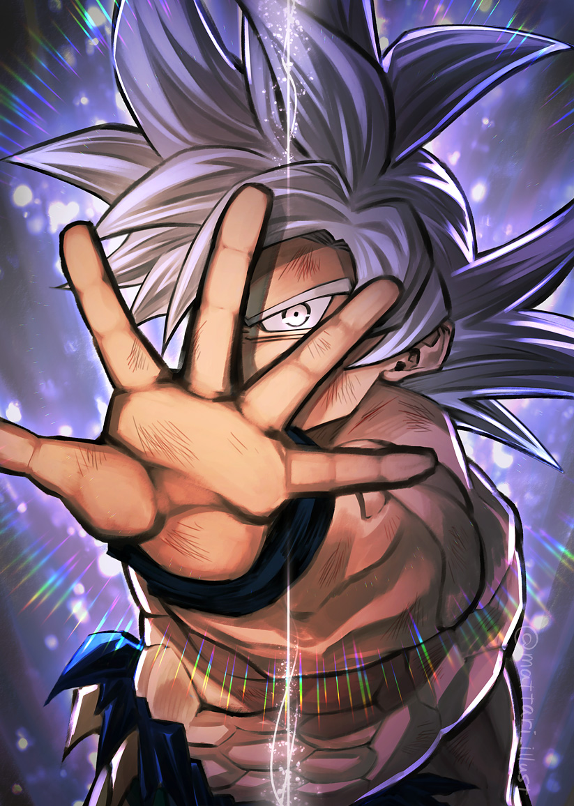 1boy abs aiming_at_viewer arm_at_side backlighting black_outline covered_mouth denim dirty dragon_ball dragon_ball_super expressionless glowing grey_background grey_eyes grey_hair hands jeans light_particles light_rays male_focus mattari_illust muscular outline outstretched_arm palms pants scratches shaded_face shirtless simple_background son_goku spiky_hair torn_clothes torn_jeans torn_pants twitter_username ultra_instinct upper_body wristband